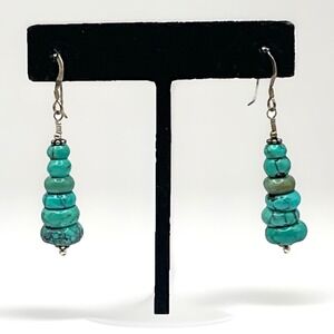 Vtg Sterling Silver Turquoise Stack Beaded Drop Earrings Southwest Unmarked 2"
